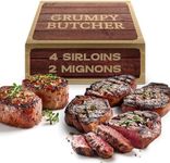 Grumpy Butcher 6 Steaks Supreme Sampler Gift Box – 4 Top Sirloin & 2 Large Filet Mignon Steak Grass Fed – Organic Steak, Grassfed, Beef Tenderloin & Filet Gift Basket – Premium Lean Steaks Meat Set