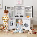 TaoHFE Corner Play Kitchen with Lights and Sounds White Kitchen Kids Toddler Kitchen Set with Washer Chalkboard Wooden Kitchen Kids Playset with Washing Machine Range Hood Girls Boys Gift for Ages 3+