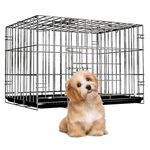 Gluckluz Dog Crate Pet Cage 85cm Folding Metal Kennel Heavy Duty Wire Playpen with Double Removable Tray & Double Door & Locking System for Medium Small Pet Puppy Cat Rabbit Indoor Outdoor（85*67*60cm)