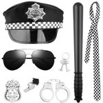 Adult Police Costume, 8 Pcs Police Accessories Set with Adult Police Hat,Handcuffs,Badge,Tie, Key,Baton,Whistle and Glasses for Men or Women Cop Halloween Party Dress up Festival Costumes (A)