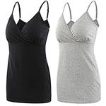 COLOMI Nursing Tank Tops Built in Bra for Breastfeeding Maternity Camisole (Black+Grey/2Pack, M, m)