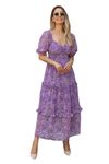 Sheetal Associates Women's Floral Puff Sleeve High Waist A Line Flowy Long Dress (Medium, Purple)