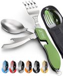 Orblue 4-in-1 Camping Utensils, 2-Pack, Portable Stainless Steel Spoon, Fork, Knife & Bottle Opener Combo Set - Travel, Backpacking Cutlery Multitool Green