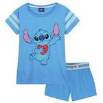 Disney Girls Short Pyjamas Set, Soft Breathable 2 Piece Lounge Wear - Girls Gifts (Blue Stitch, 11-12 Years)