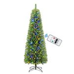 SHareconn 7.5ft Premium Prelit Artificial Hinged Slim Pencil Christmas Tree with Remote Control, 310 Warm White & Multi-Color Lights, Full Branch Tips, First Choice Decorations for X-mas, 7.5 FT,Green