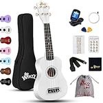 Winzz Ukulele for Kids 21 inch, Soprano Ukulele for Adults Beginner, White Ukulele Children Starter Kit with Fingerboard Stickers，Chords Card, Tuner, Strap, Extra Strings, Bag (9 Accessories)