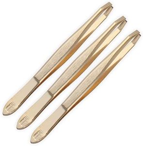 REFINE - Germany - Professional Gold Tweezers, 24K Gold Plated for Eyebrow Shaping and Tweezing Hair Post-Waxing - 3 ct