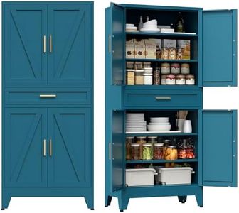 COFaR Farmhouse Storage Kitchen Pantry Cabinet with 4 Barn Door, 4 Adjustable Shelves, Drawer and Legs, for Cupboard/Dining Room/Bathroom/Living Room/Office/Laundry Room(Blue Green, 71" Metal Cabinet)