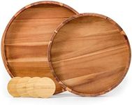 Round Wood Serving Trays Set of 2, Ottoman Tray Rustic Acacia Wooden Trays with Handles, Nesting Circle Tray with 4 Coasters for Coffee Table Living Room Bathroom Bedroom Party