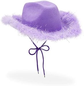 Zodaca Womens Cowboy Hat - Cute, Fluffy, Sparkly Cowgirl Hat with Feathers for Halloween, Birthday, Bachelorette Party (Purple)