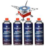 Hacer Portable Camping Stove for Travel with Butane Gas Cylinder, Foldable Furnace & Refill Canister Kit, Lightweight Gas Burner for Hiking & Emergency Cooking Use (4 Refill + 1 Stove)
