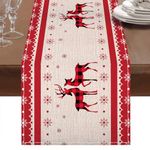 Christmas Table Runner 230 x 33cm, Xmas Linen Table Runner, Christmas Table Decoration, Red Table Runner with Elegant Elk and Snowflake Printed, for Dining Table, Kitchen, Indoor Outdoor Home Party