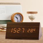 Zfish Digital Alarm Clock, Wooden Electronic LED Time Display & Temperature Detect, USB Port, 3 Alarm Settings, Wood Made Electric Clocks for Bedroom, Bedside (Brown)