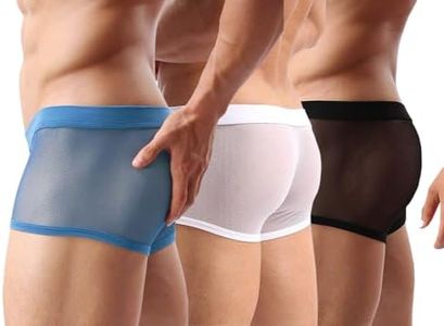 Cerahome Men's Underwear Sexy Mesh See Through Boxer Briefs Low Rise Cool Hollow Lingerie Boxers Trunks (US, Alpha, XX-Large, Regular, Regular, Trunks(Black+White+Blue))