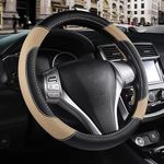 Leather Universal Steering Wheel Cover for Car, Medium (14.5" - 15.5"), Leather, Anti Slip Steering Cover - (Model -Dcut Black & Beige) Color Black Beige for Mini Countryman