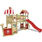 WICKEY Wooden climbing frame StormFlyer with swing set & red slide, Outdoor kids playhouse with sandpit, climbing ladder & play-accessories for the garden