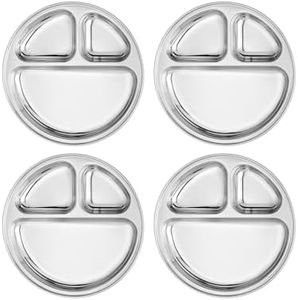 Ahimsa Stainless Steel Kids Plates Set of 4 - Divided, Non Toxic Toddler Plates, Pediatrician Designed, Unbreakable & Dishwasher Safe, Classic Silver