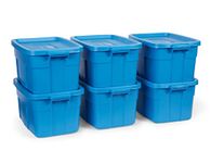 Rubbermaid Roughneck 14 Gallon Storage Totes, Pack of 6, Durable Stackable Storage Containers with Lids, Nestable Plastic Storage Bins for Camping Supplies, Blankets, Holiday Storage, Heritage Blue