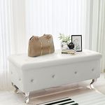 AWQM Upholstered Storage Ottoman, Luxury 37.4 Inch Storage Bench with Button Tufted and Safety Hinge, Flip Top Footrest Bench for Living Room, Bedroom, and Entryway, White