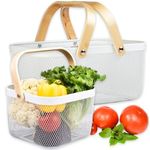 Cheardia 2 Pack Picnic Baskets, Metal Mesh Harvest Basket with Foldable Wooden Handle, Rectangle Garden Storage Basket Bin for Vegetable Fruit Garden Kitchen Cabinet Picking Gathering, White