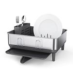 simplehuman Compact Kitchen Dish Drying Rack with Swivel Spout, Fingerprint-Proof Stainless Steel Frame, Grey Plastic