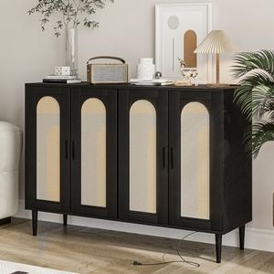 Patikuin Rattan Sideboard Buffet Cabinet, 4 Doors Accent Storage Cabinet, Console Table Coffee Bar with Power Outlet, Adjustable Shelves for Kitchen, Dining Room, Hallway, Living Room, Black