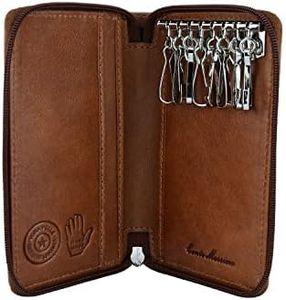 Conte Massimo Porte-clés pour Homme et Femme, Cuir Véritable, avec Fermeture éclair, Crochets et Poche, avec Coffret Cadeau Petit brun -