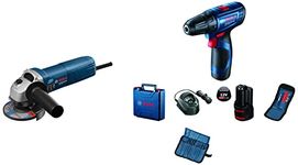 Bosch GSR120-Li Cordless Drill Driver, 12V Double Battery with GWS 600 Professional Angle Grinder (Blue) Combo