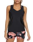 Women's Three Piece Tankini Swimsuit Floral Tank Top Bikinis Padded Swimwear with Boyshorts Black S