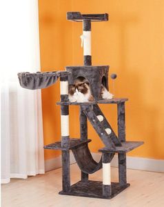 PetVogue Cat Tree with Scratching Post & Interactive Cat Toy, Multi-Level Tower with Hammock, Top Perch, condo Home & Play House Suitable for Indoors (Dark Grey Plush Cat Tree Condo), Wood Furniture