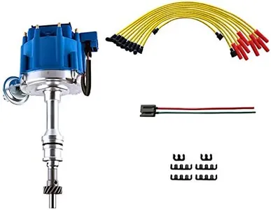 MAS Performance HEI Ignition Distributor w/Cap & Rotor and Spark plug Wire set Compatible with Ford 351C 351M 400 429 460 HEI 65,000 Volt Coil KA-1046013 PE332U JM6506BL 351CBLHEI0(Blue HEI Kit)