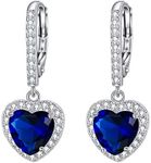 EleQueen Women's 925 Sterling Silver Love Heart Leverback Dangle Earrings Cubic Zirconia Bridal Earrings Sapphire Color