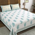 BLOCKS OF INDIA Hand Block Printed 200 TC Cotton King Size Bedsheet (Turquoise Paisley)