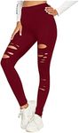 Ripped Warrior Legging for Women - High Waist Tummy Control Yoga Pants Workout Athletic Pants, Burgundy Ripped Warrior Legging, Large-X-Large