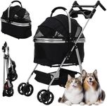 Pet Stroller 3-in-1,Foldable Cat Dog Strollers for Medium Dogs 20KG,Pet Travel Dog Stroller Pushchair with Detachable Carrier Car Seat,Storage Basket,Storage Bag and Food Tray (Black)