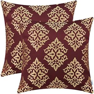 CaliTime Pack of 2 Soft Jacquard Throw Pillow Covers Cases for Couch Sofa bedandbath Decoration Vintage Damask Floral 18 X 18 Inches Burgundy Gold