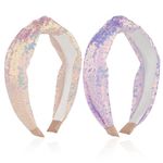 2pcs Sequin Headbands for Girls, Knotted Hair Bands Elastic Shining Mesh Fabric Cute Sequin Hair Bands Glitter Hair Accessories for Women Girls Daily Birthday Party Gifts(Pink, Purple)