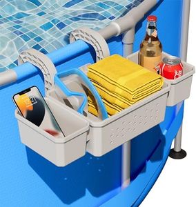 SHAPON Poolside Storage Basket with 2 Cup Holder, Stretchable Pool Toy Basket for Towels Beverages, Pool Accessories for Most Frame Above Ground Swimming Pools (1 Pack), Grey