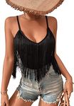 SweatyRocks Women's Fringe Sleeveless Boho Tassel Tank Top Slim Fit Cami Summer Tops Pure Black XXL