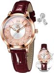 OLEVS Womens Watch Leather Dark Red Dress Ladies Watches Diamond Watches for Womens Analog Quartz Leather Waterproof Quicksand Large Face Rose Gold Two Tone Women Wrist Watch reloj de Mujer