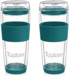 Tupkee Double Wall Glass Tumbler - 14-Ounce, All Glass Reusable Insulated Tea/Coffee Mug & Lid, Hand Blown Glass Travel Mug - Cyan - 2 Pack