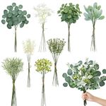 KHOYIME Artificial Greenery Stems Set with 8 Kinds of Eucalyptus Leaves White Flowers Berries Mixed Fake Green Plants Bulk Faux DIY Floral Bouquets Arrangement for Home Table Wedding Party Decor 75PCS