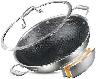 DELARLO Tri-Ply Stainless Steel Wok Pan with Lid,Flat Bottom Induction Wok Stir Fry Pan for Glass Top Stove Up to 600℉ (12IN-Nonstick)