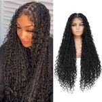 Humistwbiu Bohemian Braided Wigs Boho Box Braid Wigs Knotless Goddess Locs Wigs with Curly Ends Double Full Lace Square Synthetic Braided Wigs with Baby Hair for Woman Natural Black 32 Inch