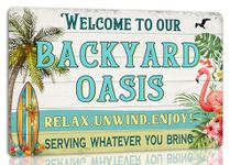 Welcome to Our Backyard Retro Metal Tin Sign for Farmhouse Home Pub Bar Wall Decor Poster Beach Pool Backyard Bar Signs Patio Indoor/Outdoor Plaque 8x12 Inches