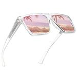 JIM HALO Retro Polarized Sunglasses Men Women Flat Top Square Driving Glasses (Clear Frame/Polarized Mirror Pink Lens)