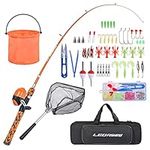 LEOFISHING Kids Fishing Pole Set with Full Starter Kits Portable Telescopic Fishing Rod and Spincast Reel with a Fishing Net and Bucket for Boys Girls and Youth (Orange)