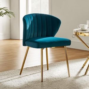 HULALA HOME Velvet Dining Chairs, Modern Small Armless Accent Chair with Gold Metal Legs, Living Room Upholstered Cute Side Chair, Elegant Tufted Back Vanity Chair for Bedroom/Beauty Room-Teal