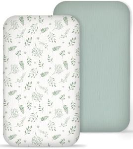 Muslin Bedside Bassinet Sheets 2 Pack, 33x20 Fitted Ultra Soft & Breathable Bedside Sleeper Sheets, Ideal for Baby Girl and Boy, Perfect for Newborns (Fern Leaf & Sage)