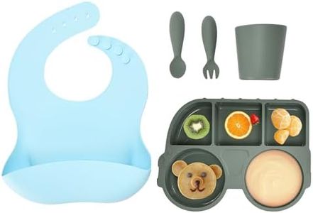 Childlike Behavior Silicone Baby Feeding Set - Spill-Free Baby Plates with Silicone Bib Set of 5 - Feeding Supplies - Set for Babies, Toddlers - Includes Plate, Cup, Spoon, Fork and Bib - H12xL10xW8in